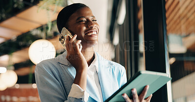 Buy stock photo Phone call, consultant and happy black woman with tablet in office for client advisor or account manager. Smile, portfolio discussion and humor with person in agency with funny joke or communication