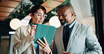 Businessman, woman and planning with tablet at office for property development, report or proposal. People, broker and realtor with tech, application or checklist with valuation at real estate agency