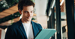Tablet, research and businessman in office with communication for feedback on investment. Digital technology, email and male financial manager with online review on finance report in workplace.