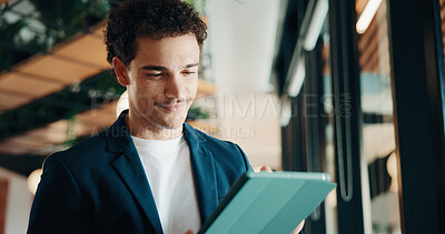 Buy stock photo Tablet, research and businessman in office with communication for feedback on creative project. Digital technology, email and magazine editor with online review for article publishing at agency.