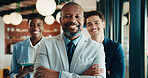 Team, restaurant and face of people for small business, startup and confident with leader. Happy, portrait and owner with colleagues for about us, support and hospitality service in coffee shop