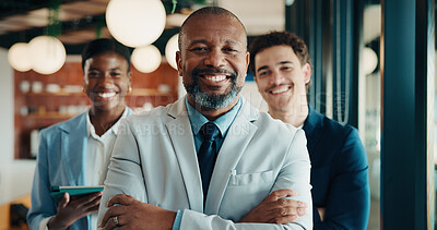 Buy stock photo Team, workplace and face of people for business, investor and confident with leader. Happy, portrait and group of stakeholders or colleagues for about us, management and arms crossed in office
