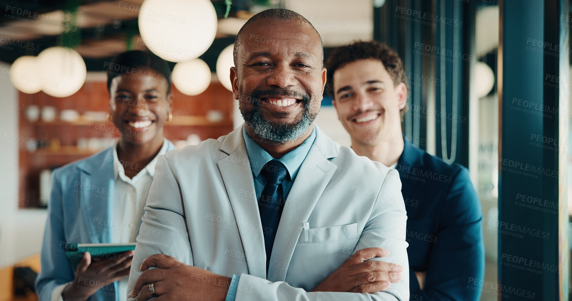 Buy stock photo Team, workplace and face of people for business, investor and confident with leader. Happy, portrait and group of stakeholders or colleagues for about us, management and arms crossed in office
