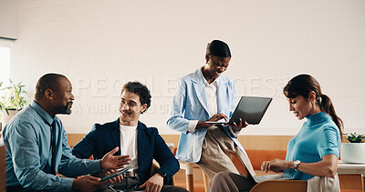 Buy stock photo Tablet, meeting and people planning with productivity for creative collaboration, talking and advice. Laptop, typing and marketing agency with proposal for website, social media or business growth