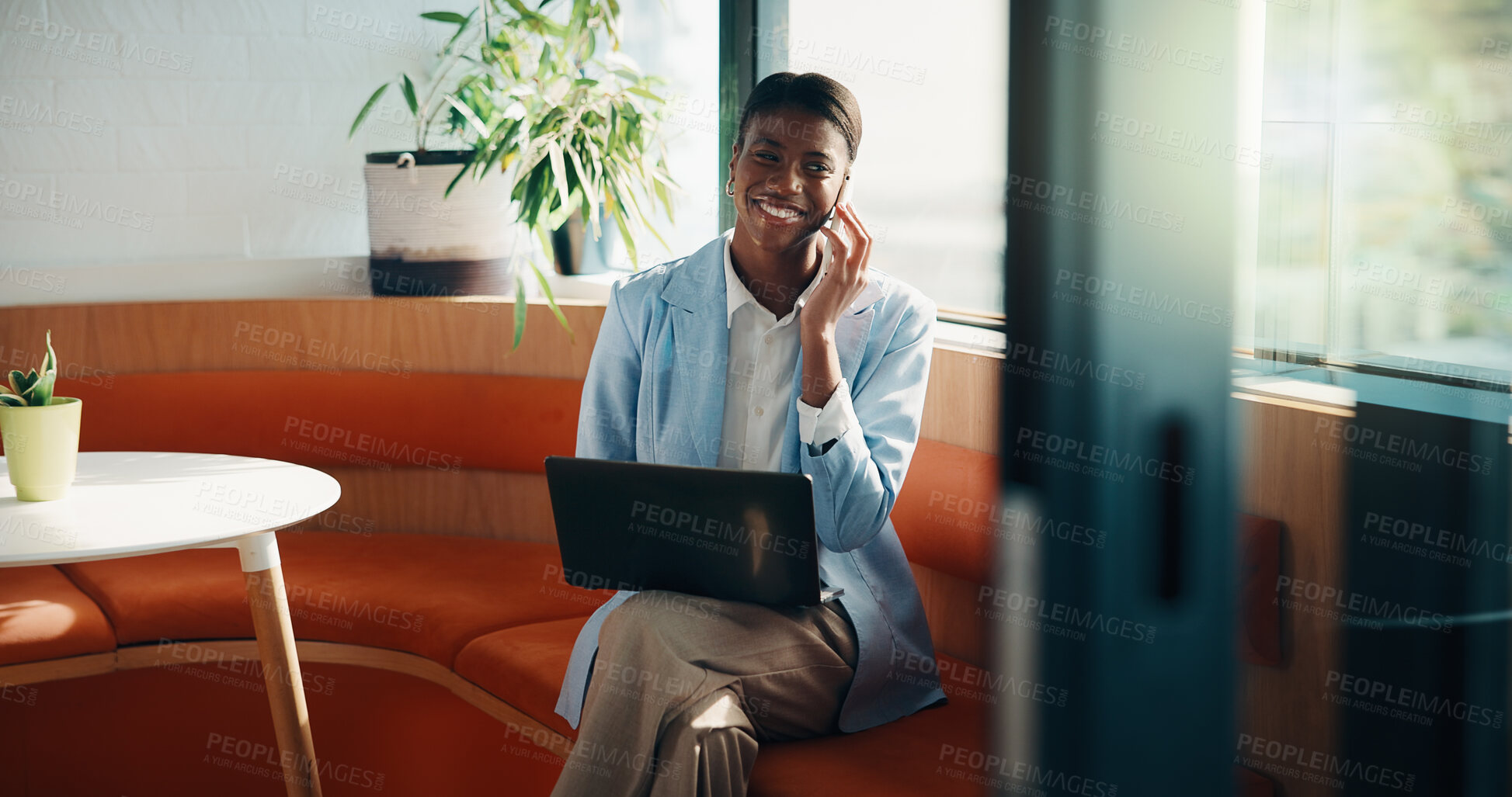 Buy stock photo Laptop, black woman and phone call in cafe for editing advice, contact or remote work opportunity. Smile, communication and editor with networking, mobile or support for online article in restaurant