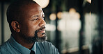 Thinking, window and black man in office with ideas, decision or problem solving in finance career. Space, planning and mature financial manager with choice for investment opportunity in workplace.