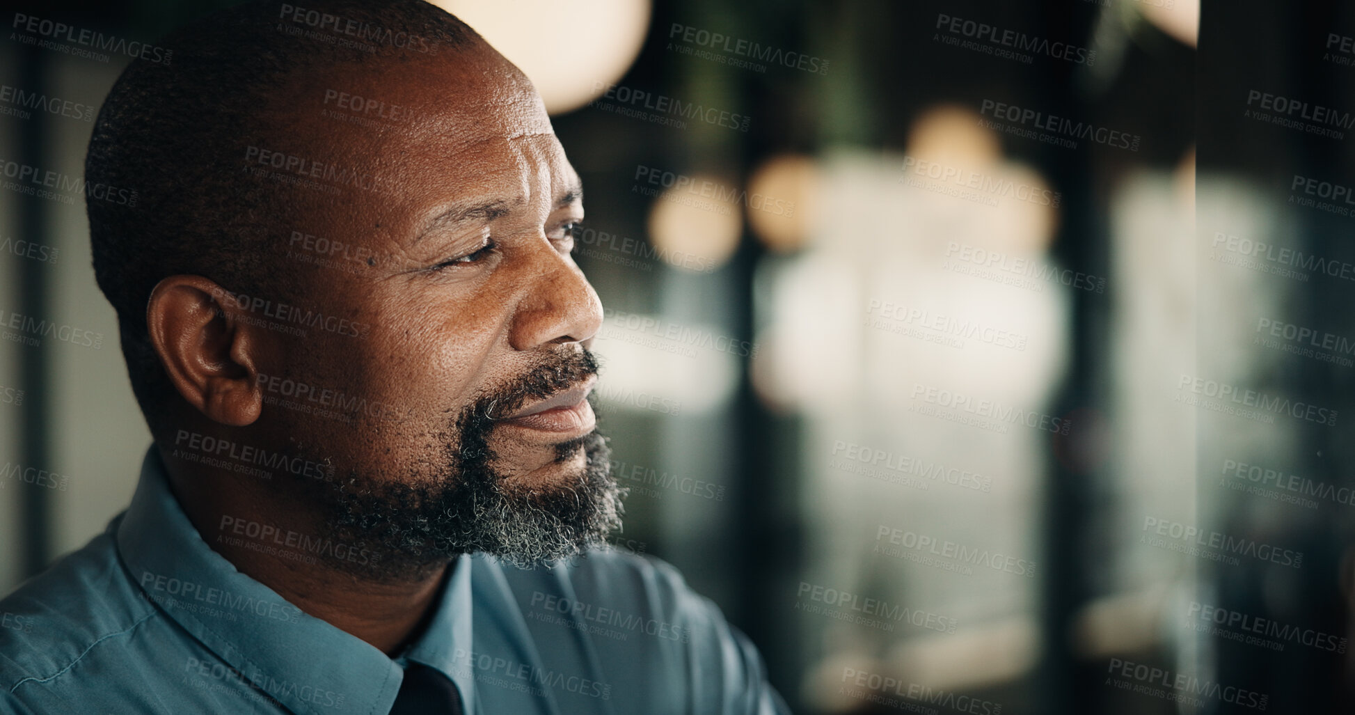 Buy stock photo Thinking, window and black man in office at night with ideas, decision or problem solving in finance job. Space, planning and mature financial manager with choice for investment deadline in workplace