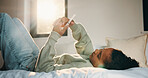 Relax, reading and girl with phone in bed, scroll social media and connection for browsing internet. Rest, mobile and child with online platform for message, watch video and streaming movie in home