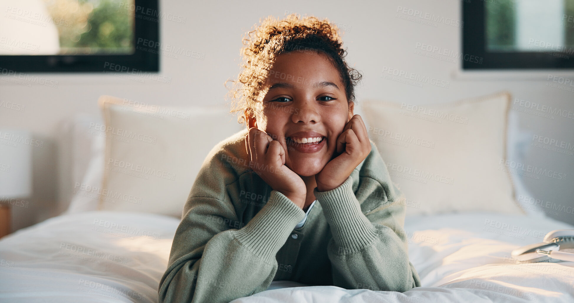 Buy stock photo Portrait, relax and smile of child on bed in home for holiday, morning break or weekend. Comfortable, cozy and peace with happy girl in bedroom of apartment for development, future or growth