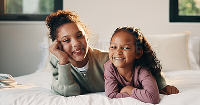 Buy stock photo Cozy, portrait and smile of kids on bed in home for holiday, morning break or weekend. Comfortable, relax and sisters with happy children in bedroom of apartment for development, future or growth
