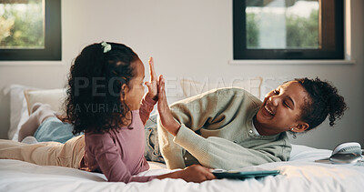 Buy stock photo High five, smile and tablet with children on bed in home for holiday, morning break or weekend. App, sister and success with happy girls in bedroom of apartment for development, future or growth