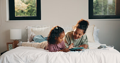 Buy stock photo Relax, smile and tablet with happy kids on bed in home for holiday, morning break or weekend. App, comfortable and streaming with girl children in bedroom of apartment for development or growth