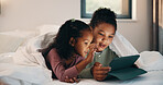 Relax, children and girls with tablet in bed, watch cartoon and streaming video for weekend bonding. Family subscription, movie website or sisters with tech for film platform, smile or rest in home