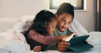 Buy stock photo Relax, children and sisters with tablet in bed, watch cartoon or streaming video for weekend bonding. Family subscription, movie website or girls with tech for film platform, internet or rest in home