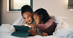 Relax, children and sisters with tablet in bedroom, watch cartoon and streaming video for bonding. Family subscription, movie website and girls with tech for film platform, smile and rest in home
