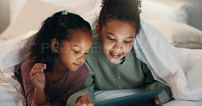 Buy stock photo Relax, children or siblings with tablet in bed, watch cartoon or streaming video for weekend bonding. Family subscription, movie website and girls with tech for film platform, smile and rest in home