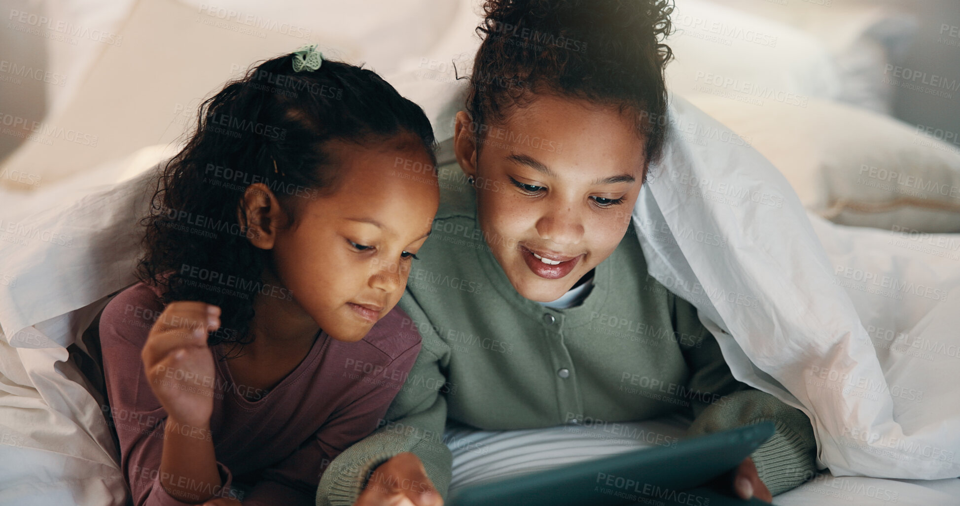 Buy stock photo Relax, children or siblings with tablet in bed, watch cartoon or streaming video for weekend bonding. Family subscription, movie website and girls with tech for film platform, smile and rest in home