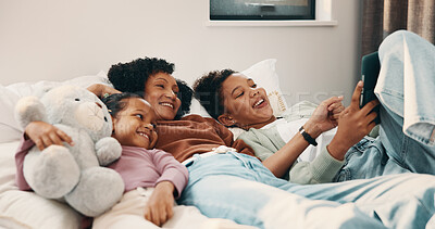 Buy stock photo Streaming, parent or children on bed with tablet, cartoon show or bonding in multimedia binge. Happy, relax or family in home with tech, movie subscription or watching entertainment on kids platform.