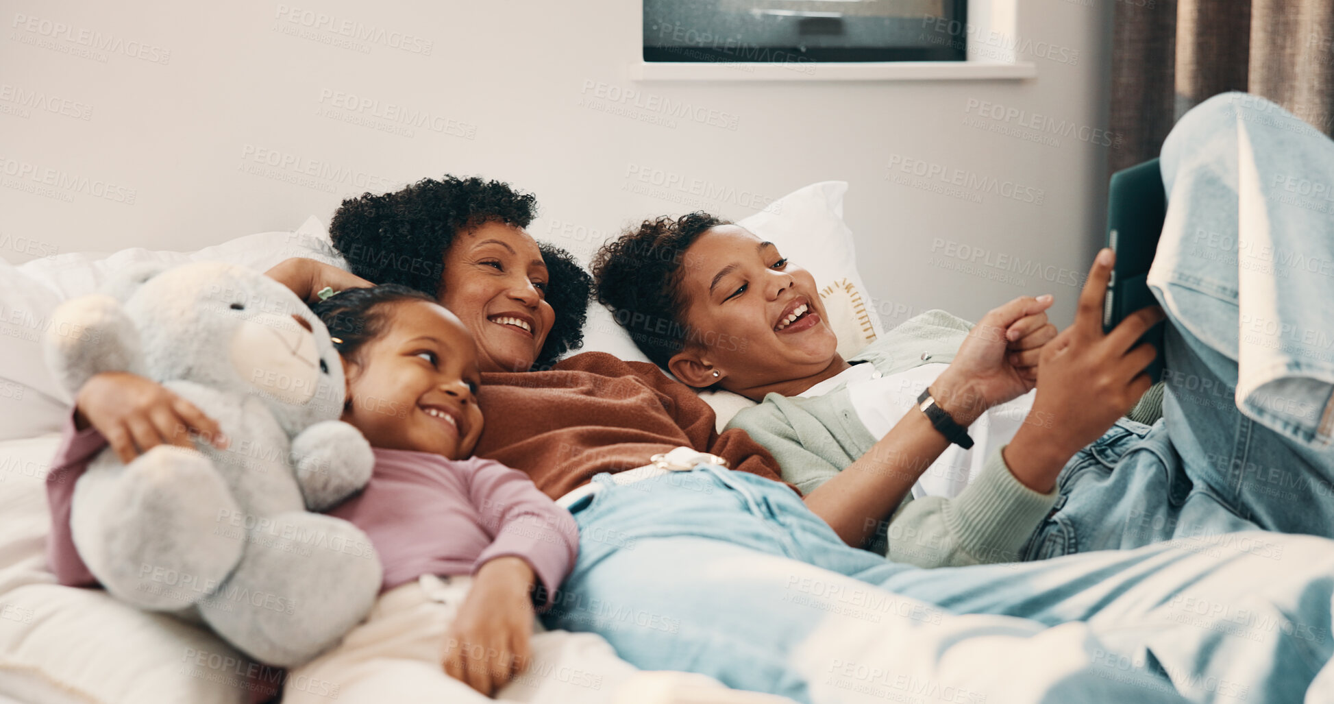 Buy stock photo Streaming, parent or children on bed with tablet, cartoon show or bonding in multimedia binge. Happy, relax or family in home with tech, movie subscription or watching entertainment on kids platform.