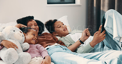Buy stock photo Streaming, mom or children on bed with tablet, cartoon show or bonding in multimedia binge. Happy, relax or family in home with tech, movie subscription or watching entertainment on kids platform.