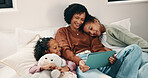 Support, mother and children with tablet on bed, watch family movie and relax for weekend streaming. Film subscription, happy woman or girls with teddy bear for bonding, tech or reading ebook in home