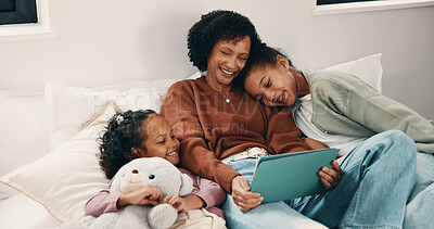 Buy stock photo Support, mother and children with tablet on bed, watch family movie and relax for weekend streaming. Film subscription, happy woman or girls with teddy bear for bonding, tech or reading ebook in home
