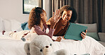 High five, mother and child with tablet in bed for education, homework complete and project success. Celebration, happy woman and girl with tech for elearning assignment, task done or support in home