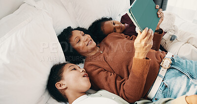 Buy stock photo Streaming, mother or children on bed with tablet, cartoon show or bonding in multimedia binge. Happy, relax or family in house with tech, movie subscription or watching entertainment on kids platform