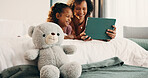 Teddy bear, family and tablet in bedroom for connection, cartoons or internet with bonding. Stuffed animal, mother and girl child with soft toy in home, tech or online streaming with smile for care