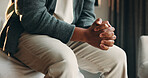 Mental health, overthinking or hands in home with nerves, anxiety trigger or memory of past trauma. Stress, overwhelmed or male person in house with flashback, fear or tension in emotional thoughts.