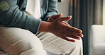Mental health, overthinking or hands in house with nerves, anxiety trigger or memory of past trauma. Stress, overwhelmed or person in home with flashback, fear or tension in emotional thoughts.