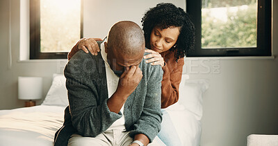 Buy stock photo Comfort, sad and wife with man in home for support, upset or mental health with job loss. Marriage, couple and woman hugging husband with tears for bad news, financial crisis or unemployment in house