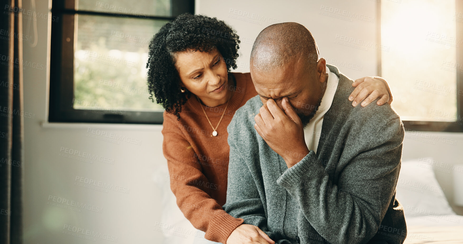 Buy stock photo Comfort, stress and wife with man in home for cry, upset or mental health with job loss. Marriage, couple and woman hug husband with support for bad news, financial crisis or unemployment in house.