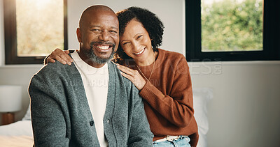 Buy stock photo Mature, hug and portrait with happy couple in home for love, support or bonding together. Man, woman or interracial relationship with smile, embrace or comfort for safety, security or protection