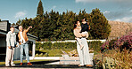 Smile, love and care with family outdoor for bonding, security and connection. Support, happiness and weekend break with parents and children in backyard of home for commitment, relax or growth
