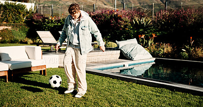 Buy stock photo Soccer, ball and kick with child outdoor for playing, playoff practice and game drills. Football sport, match training and weekend break with kid in backyard of home for growth, fun and footwork