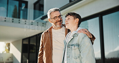 Buy stock photo Talking, smile and father with son outdoor for future discussion, support and bonding. Love, communication and  trust with man and child in backyard of family home for connection and weekend break
