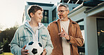 Soccer, talking and father with son outdoor for bonding, support and teaching game. Football, connection and weekend break with man and child in backyard of family home for growth, advice and care