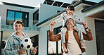 Soccer, shoulder and father with children outdoor for bonding, support and teaching game. Football, connection and weekend break with man and kids in backyard of family home for growth, fun and care