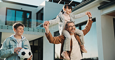 Buy stock photo Soccer, airplane and father with children outdoor for bonding, support and teaching game. Football, connection and weekend break with man and kids in backyard of family home for growth, fun and carry