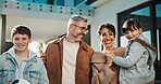 Smile, love and portrait with family outdoor for bonding, security and connection. Support, happiness and weekend break with parents and children in backyard of home for commitment, relax or growth