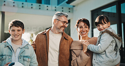 Buy stock photo Smile, love and portrait with family outdoor for bonding, security and connection. Support, happiness and weekend break with parents and children in backyard of home for commitment, relax or growth