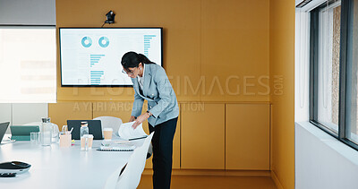 Buy stock photo Presentation, preparation and business woman in office with document for company profit, revenue and pitch. Paperwork, graphs and financial manager with research for investment, budget or planning