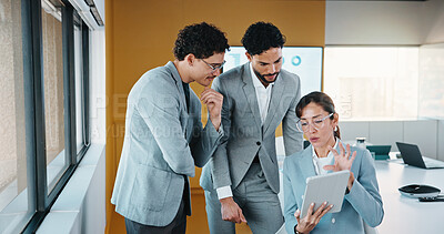 Buy stock photo Presentation, tablet and woman in office with business people for company profit, revenue and pitch. Accounting, digital tech and financial manager with research for investment, budget or planning