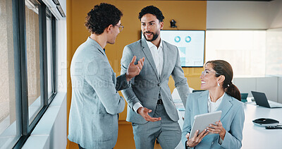 Buy stock photo Management, tablet and discussion in office with business people for company profit, revenue and pitch. Accounting, digital tech and financial manager with team for investment, budget or planning