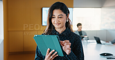 Buy stock photo Reading, business and woman with tablet in office, stock market insight and assets valuation research. Review, smile or investor with tech for exchange proposal, hedge fund liquidation or trading app