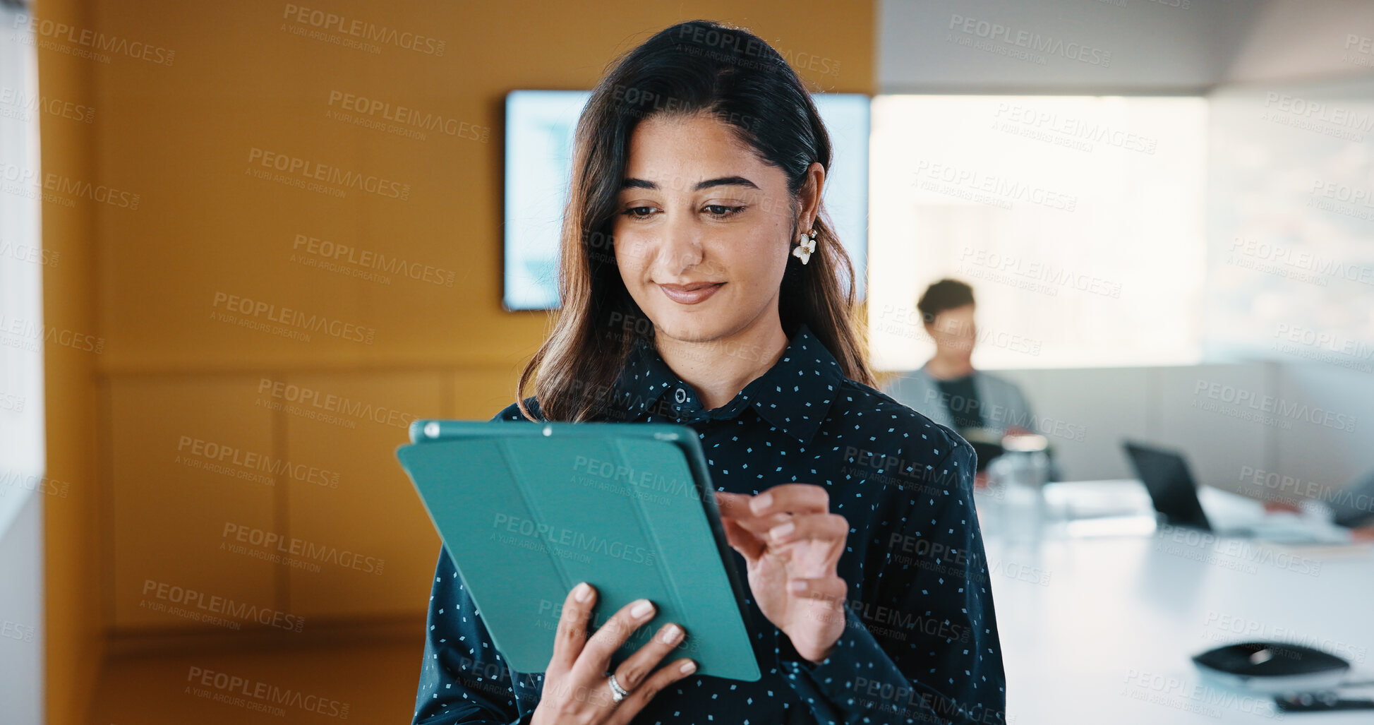Buy stock photo Reading, business and woman with tablet in office, stock market insight and assets valuation research. Review, smile or investor with tech for exchange proposal, hedge fund liquidation or trading app