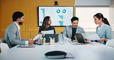 Buy stock photo Meeting, documents and discussion in office with business people for company profit, revenue and graphs. Paperwork, digital tech and financial manager with team for investment, budget or planning