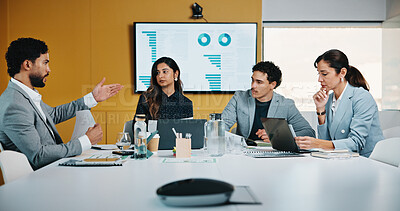 Buy stock photo Meeting, technology and discussion in office with business people for company profit, revenue and pitch. Accounting, digital graphs and financial manager with team for investment, budget or planning