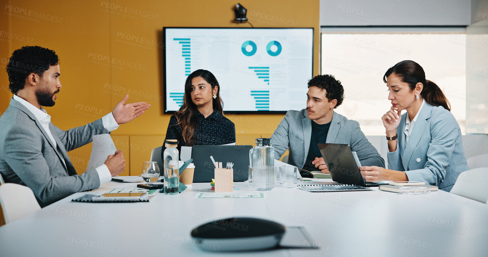 Buy stock photo Meeting, technology and discussion in office with business people for company profit, revenue and pitch. Accounting, digital graphs and financial manager with team for investment, budget or planning